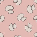 Grey outline random champignon seamless pattern in hand drawn style. Pastel pink background