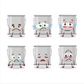 Grey paint bucket cartoon character with sad expression
