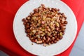 Grey peas with bacon and onions Latvian-style. Traditional national dish for Christmas in Latvia, eastern Europe