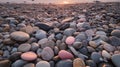 grey pebbles on beach at sunset with pink glow grom sunset on some of the pebbles