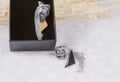 Grey pendant earrings, its shape is a flower. The earrings were placed in the jewelry box. These items are placed on the tulle. Th