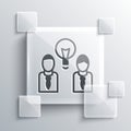 Grey People with lamp bulb icon isolated on grey background. Concept of idea. Square glass panels. Vector