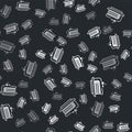 Grey Piece of cake icon isolated seamless pattern on black background. Happy Birthday. Vector Royalty Free Stock Photo