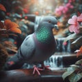 A grey pigeon perched on a rustling branch