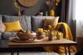 grey pillow decor yellow house sofa cushion modern armchair interior home. Generative AI.