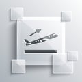 Grey Plane takeoff icon isolated on grey background. Airplane transport symbol. Square glass panels. Vector
