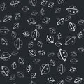 Grey Planet Saturn with planetary ring system icon isolated seamless pattern on black background. Vector