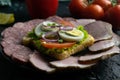 Grey plate with sandwich on a black background, around the salami and ham, tomato, souce, olives, lemon, olive oil with spice Royalty Free Stock Photo