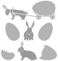 Grey rabbits with eggs on white