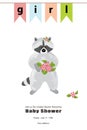 Grey raccoon stands with a bouquet of pink flowers in its paws Royalty Free Stock Photo