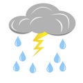 Grey rain cloud with lightning and raindrops. Vector design element isolated on light background.