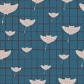 Grey random stingray hand drawn silouettes seamless pattern. Blue chequered background