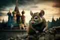 grey rat on pile of debris with church similar to Saint Basils Cathedral in the background, neural network generated art