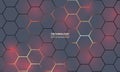Grey and red hexagon abstract technology background with orange and yellow colored bright flashes