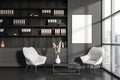 Grey relax interior with armchairs and coffee table in office, mockup frame