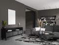 Grey relax place interior with couch and sideboard, decoration. Mockup frame