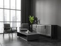 Grey relax place interior with seats and coffee table, mockup