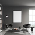Grey relax room interior with chairs and shelf with window. Mockup frame Royalty Free Stock Photo