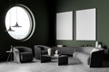 Grey relaxing room interior with armchairs and sofa, mockup posters Royalty Free Stock Photo