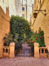 Grey retro wall of abandoned building with rusty weathered door and window closed, plenty of flower pots in front of door. Old Royalty Free Stock Photo