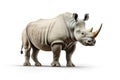 A grey rhinoceros, standing majestically, is captured in this image against a pristine white background, showcasing the beauty of