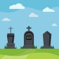 Grey RIP grave tombstones on summer nature scenic background. Royalty Free Stock Photo