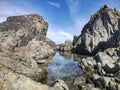 Grey rock formations and clear water rock pool on an ocean shore