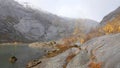 Grey rocks of Nigardsbreen glacier lake in Autumn in Norway Royalty Free Stock Photo