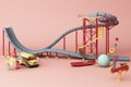 grey Roller coaster in Amusement parks surrounding by a lot of colorful toys