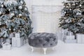 Grey round pouf near Christmas tree Royalty Free Stock Photo