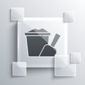 Grey Sand in bucket with shovel icon isolated on grey background. Plastic kid toy. Summer icon. Square glass panels Royalty Free Stock Photo