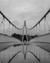 Grey-scale shot of a bridge on a cloudy day with its reflection on a rainwater