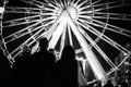 Grey scale shot of a group of people standing in front of a merry go round