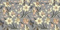 Grey seamless pattern with calm hand drawn flowers daffodils.