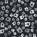 Grey Search house icon isolated seamless pattern on black background. Real estate symbol of a house under magnifying