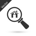 Grey Search house icon isolated on white background. Real estate symbol of a house under magnifying glass. Vector Royalty Free Stock Photo