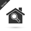 Grey Search house icon isolated on white background. Real estate symbol of a house under magnifying glass. Vector Royalty Free Stock Photo