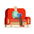 Grey senior man sitting on the sofa and reading a book colorful character vector Illustration