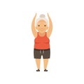 Grey senior woman in sports uniform standing with arms raised, grandmother character doing morning exercises or