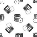 Grey Server with shield icon isolated seamless pattern on white background. Protection against attacks. Network firewall