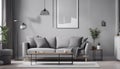 Grey settee near white cupboard in minimal living room interior with posters on the wall Royalty Free Stock Photo