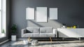 Grey settee near white cupboard in minimal living room interior with posters on wall. AI Generative Royalty Free Stock Photo