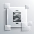 Grey Sewing thread on spool icon isolated on grey background. Yarn spool. Thread bobbin. Square glass panels. Vector