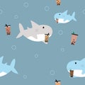 Grey shark and blue shark are drinking Boba tea fabric seamless cute pattern
