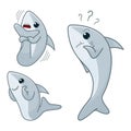 Cartoon grey shark character set. Happy, scared and doubting shark