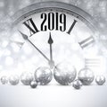 Grey shiny 2019 New Year background with clock. Greeting card. Royalty Free Stock Photo