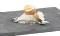 A grey slate with a boiled egg