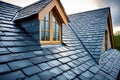 Grey slate roof on modern house vintage curved frame concept