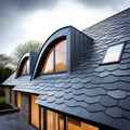 Grey slate roof on modern house vintage curved frame concept