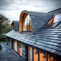 Grey slate roof on modern house vintage curved frame concept